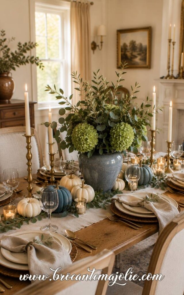 blue and green fall tablescape