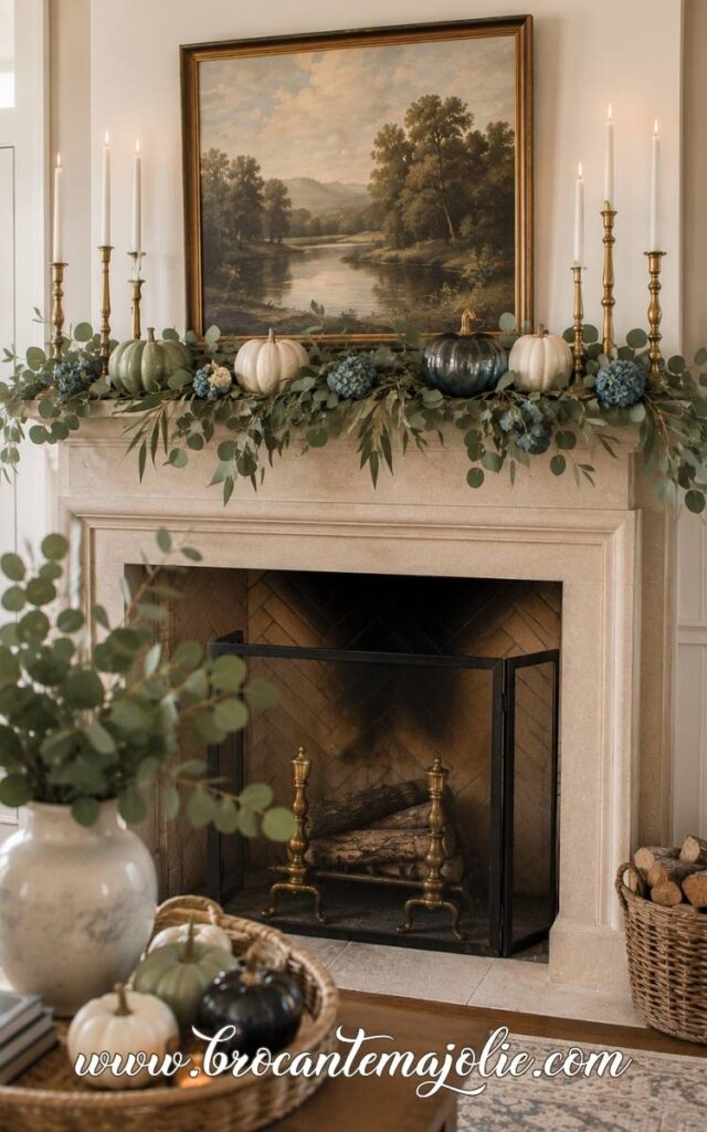 blue and green fall mantle decor