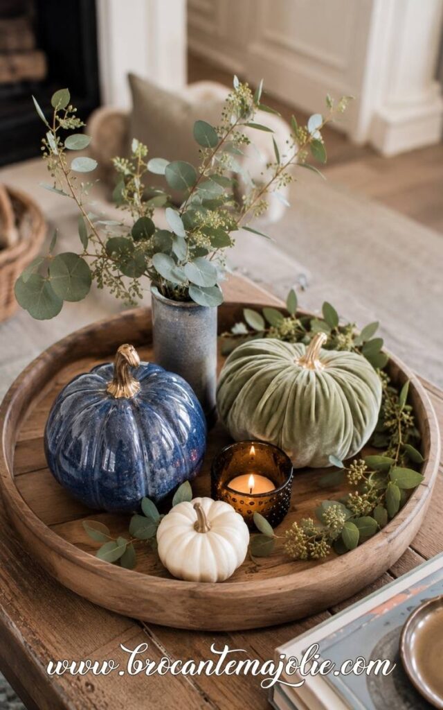 blue and green fall centerpiece