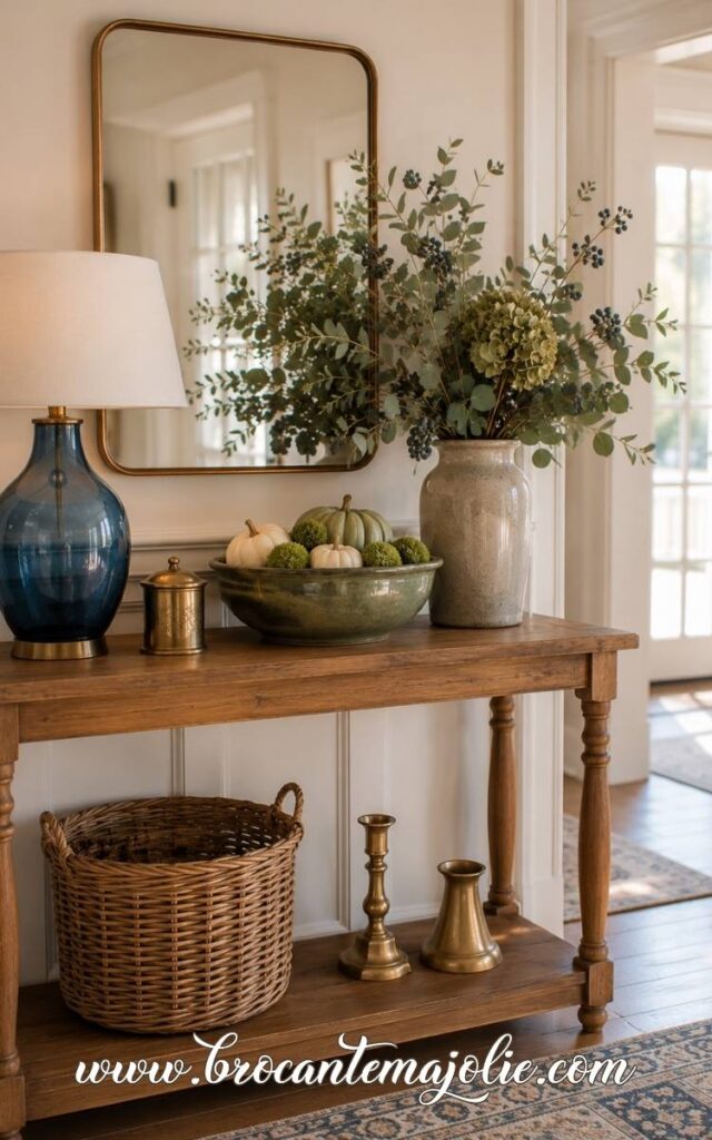 blue and green fall console decor