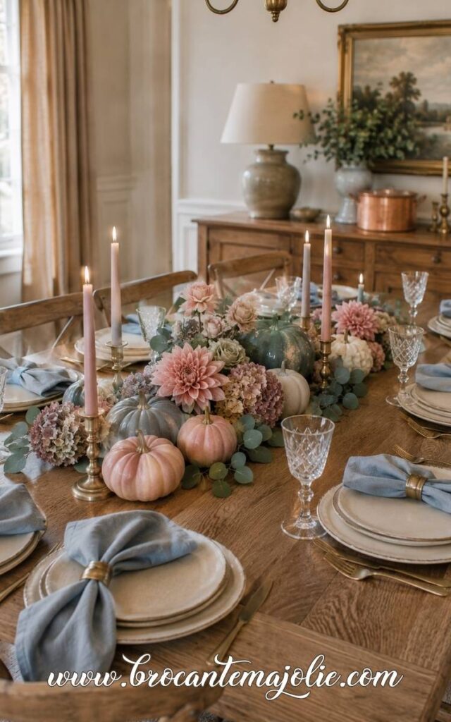 pink and blue fall tablescape
