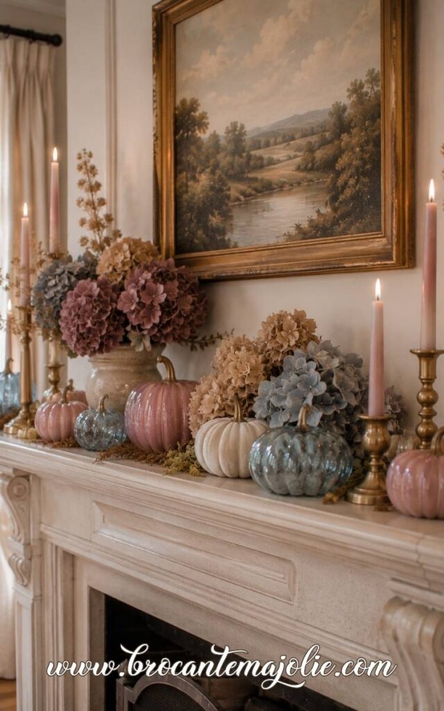 pink and blue fall decor on mantle