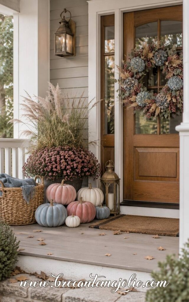 pink and blue fall decor front porch