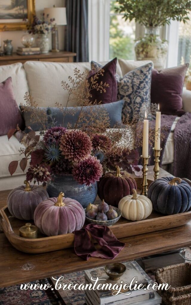 purple and blue fall coffee table decor