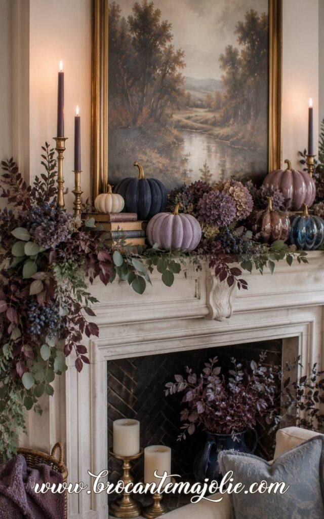 purple and blue fall mantle decor