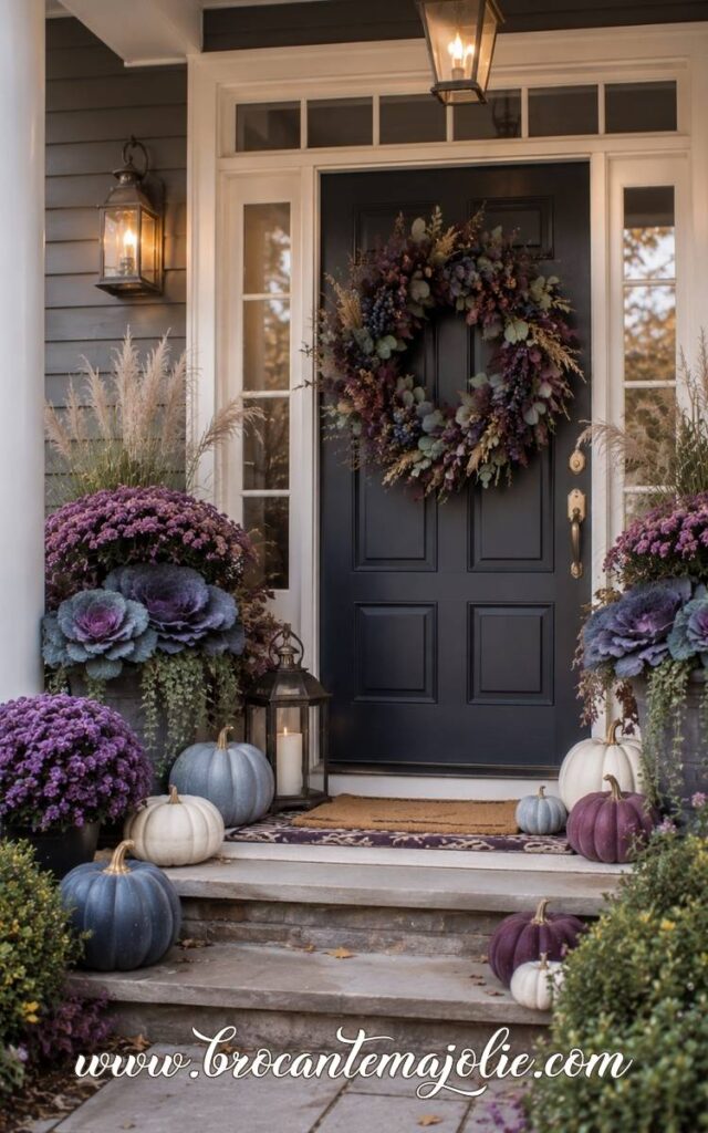 purple and blue fall porch with wreath