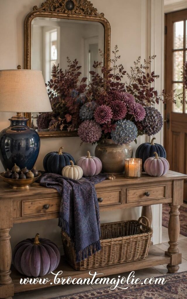 purple and blue console table decor for fall