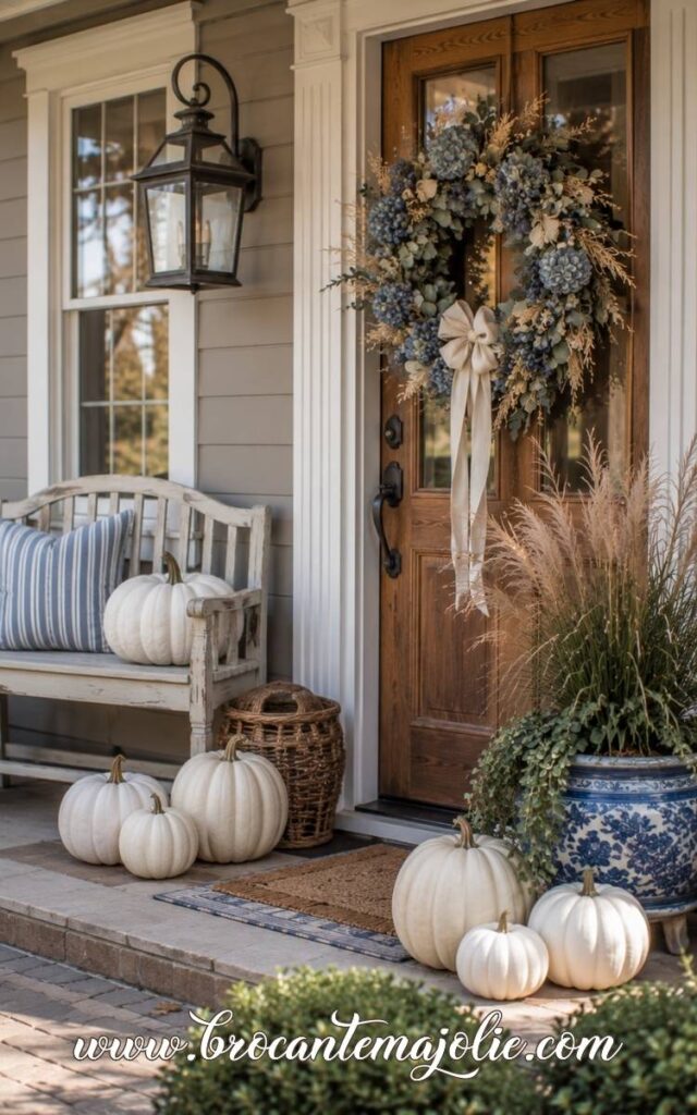 blue and white porch decor for fall