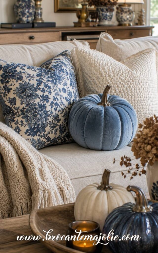 blue and white fall decor couch