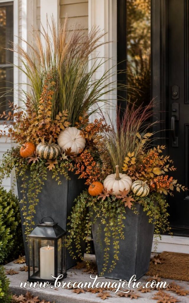 fall outdoor planter with pumpkins