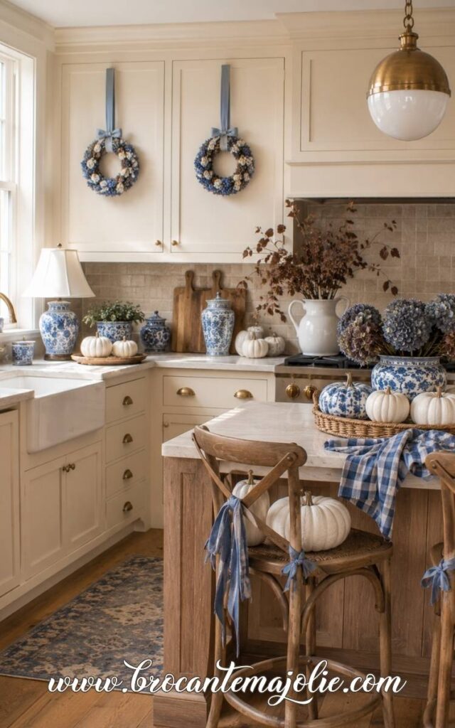 blue and white fall kitchen decor