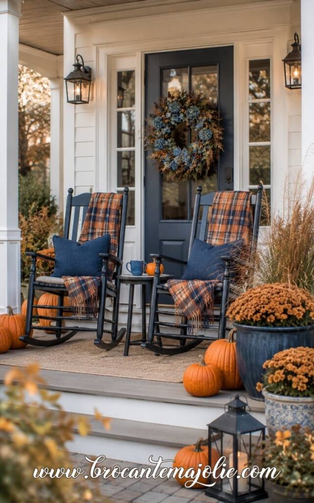 blue and orange porch decor for fall