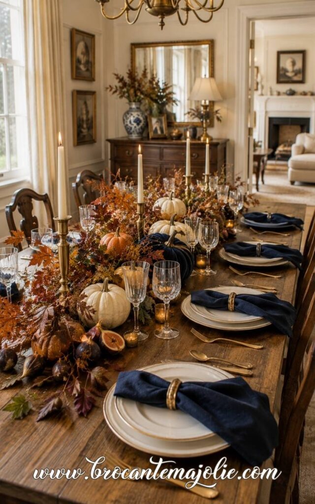 navy blue fall thanksgiving table decor