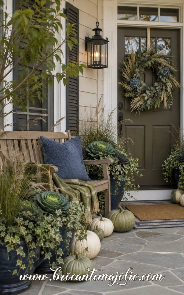 blue and green fall porch with bench