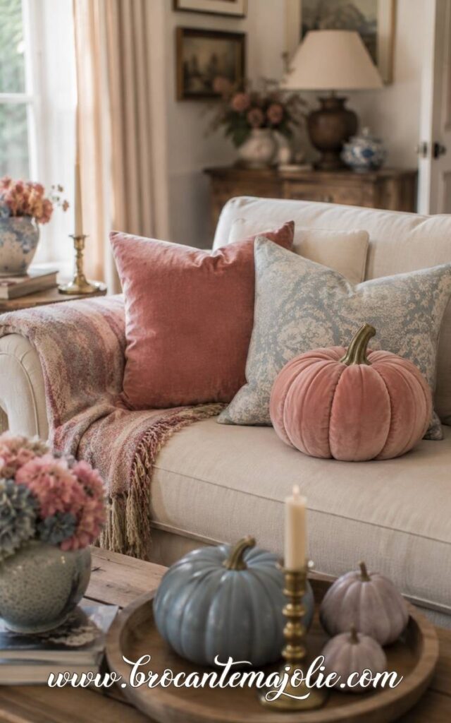 pink and blue fall decor couch