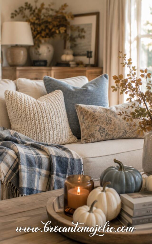 fall couch with blue decor