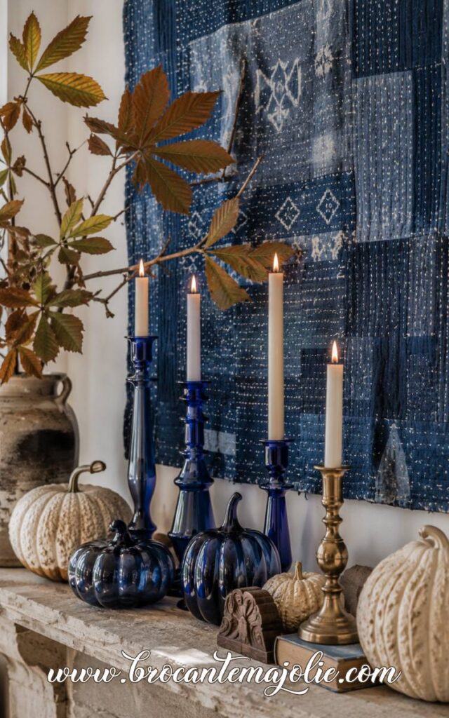 blue fall decorations with candle holders