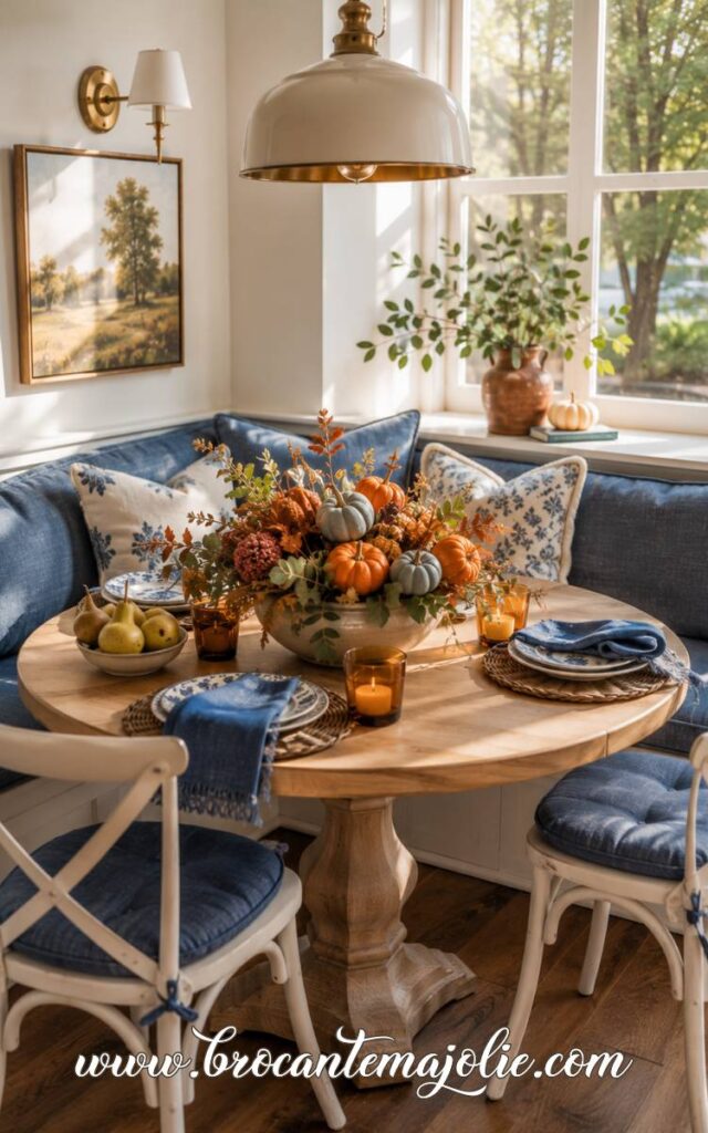 blue and orange fall dining room