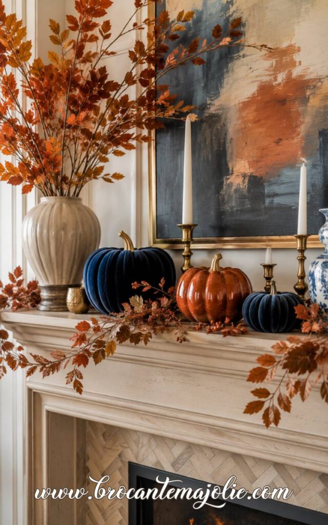 blue and orange fall decor on mantle