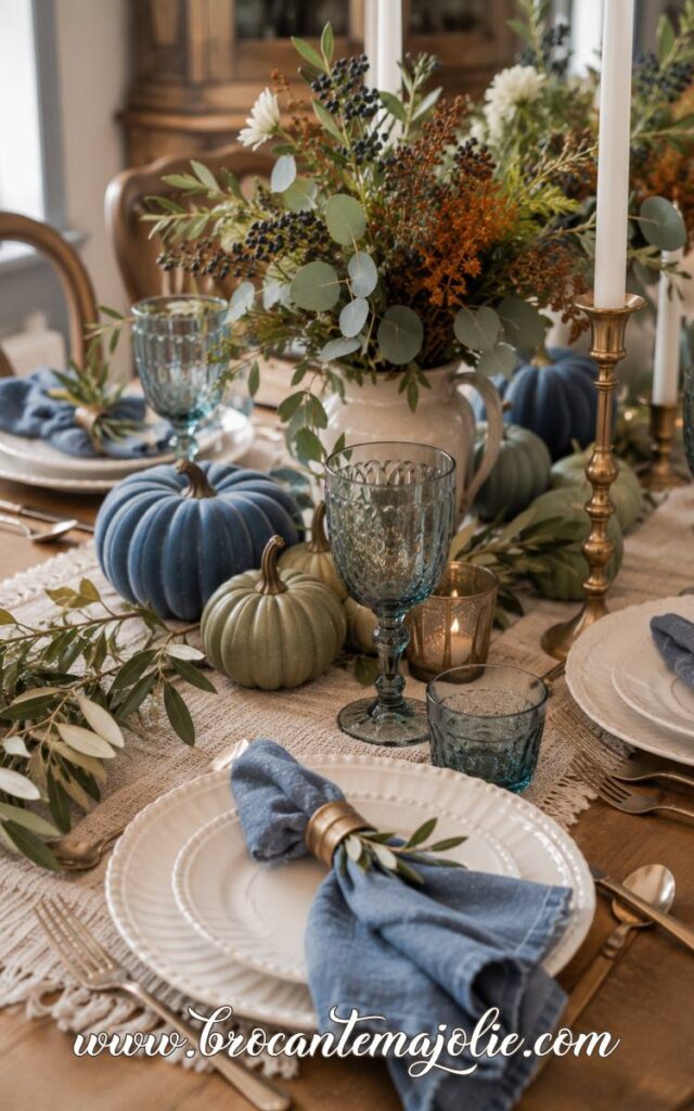 blue and green fall thanksgiving table decor