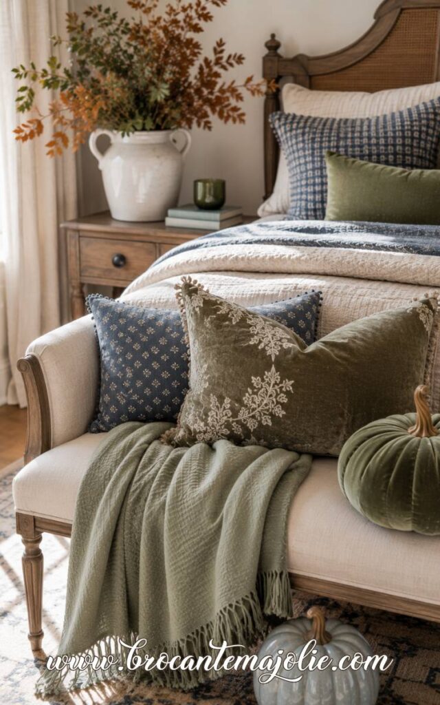 blue and green fall decor in bedroom