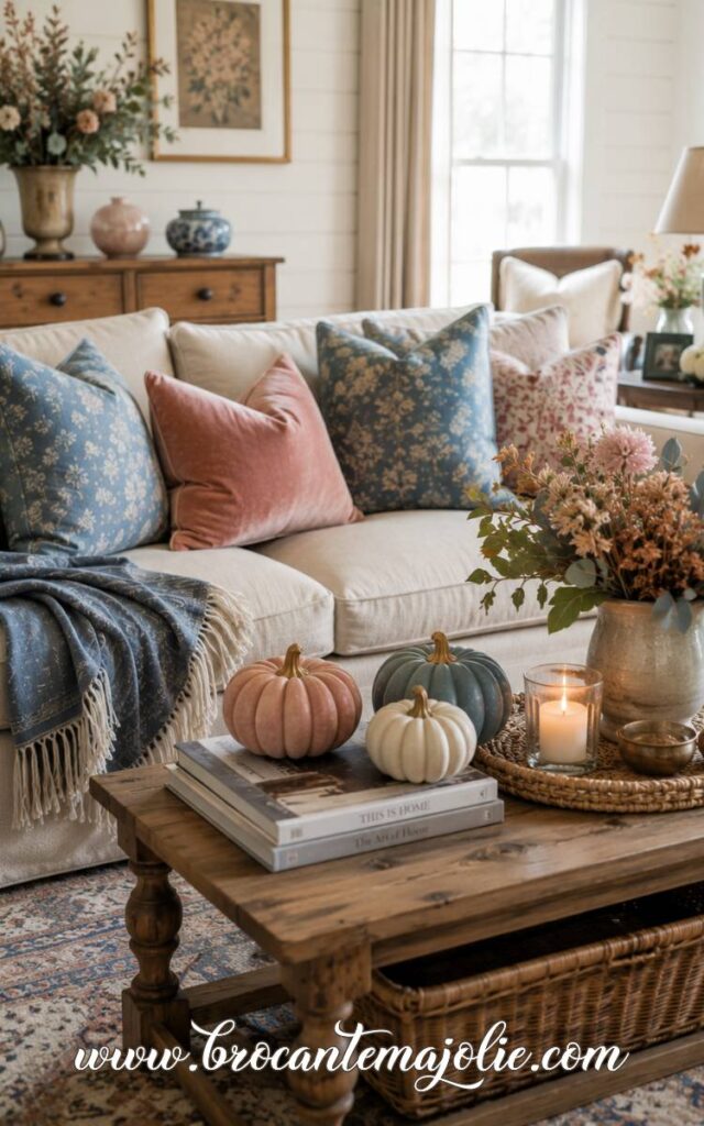 pink and blue fall living room