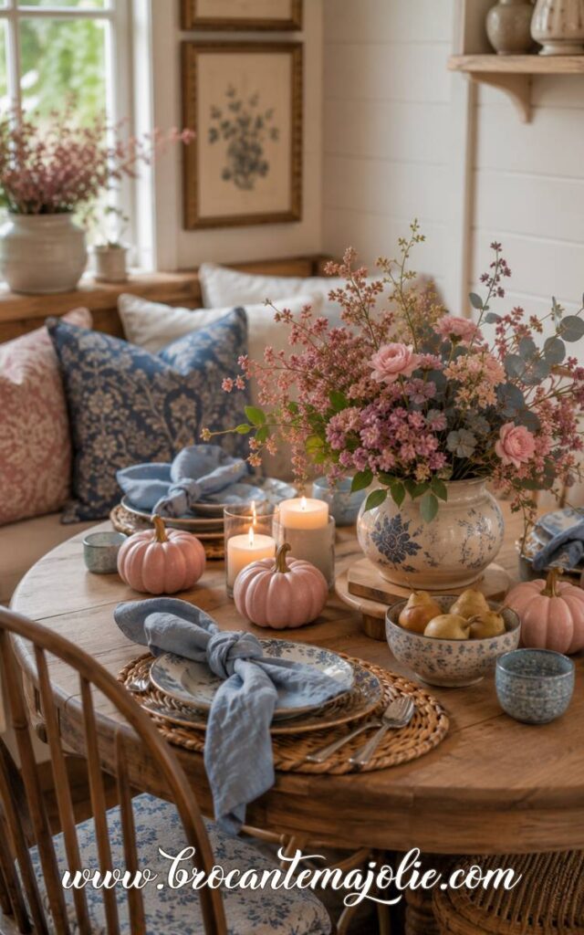 pink and blue fall table decor