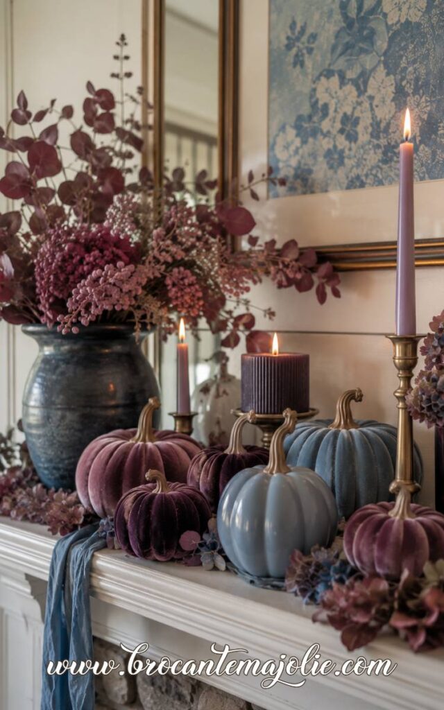 purple and blue mantle decor for fall