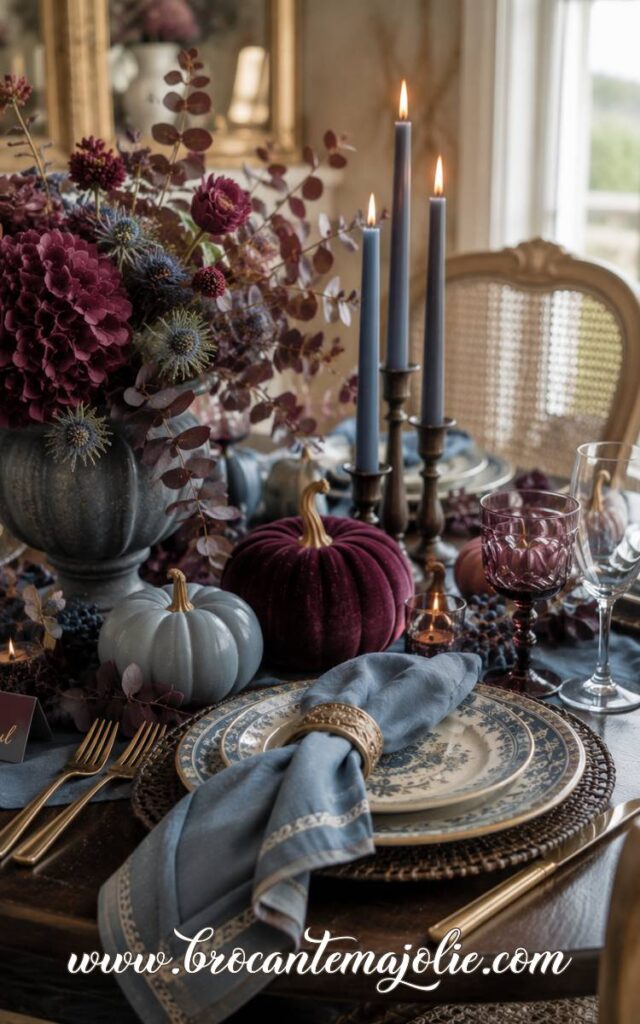 purple and blue table decor for fall