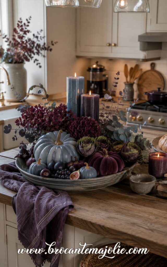 purple and blue kitchen island centerpiece