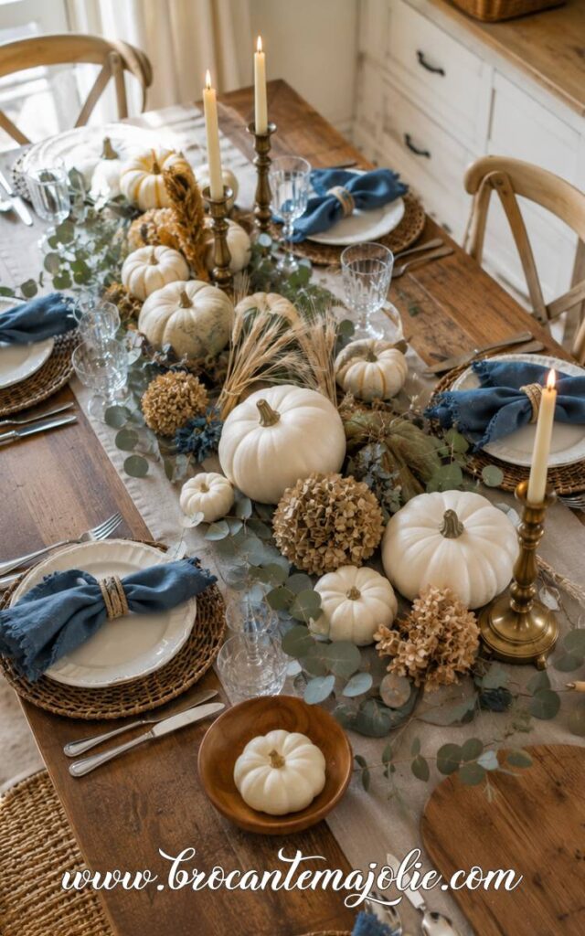 blue and white thanksgiving tablescape
