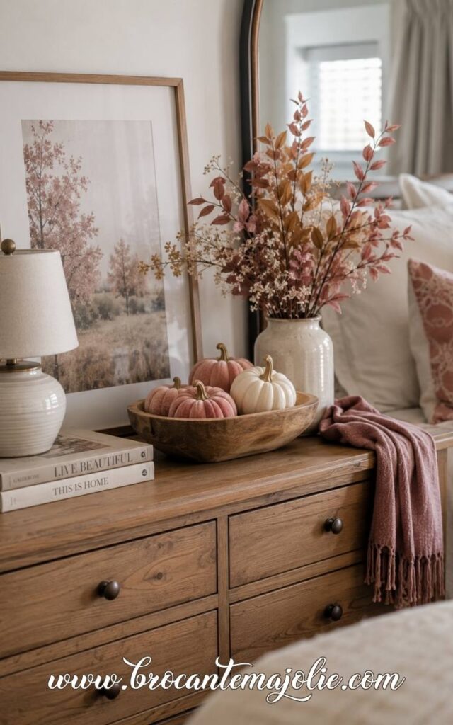 pink fall decor in bedroom