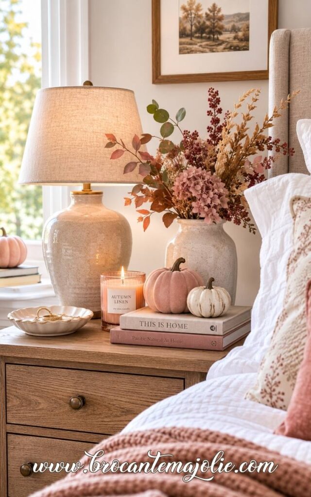 pink fall bedroom nightstand