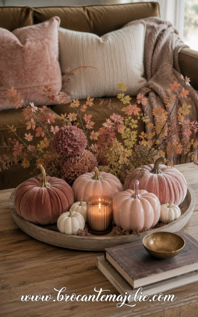 pink fall decor in living room
