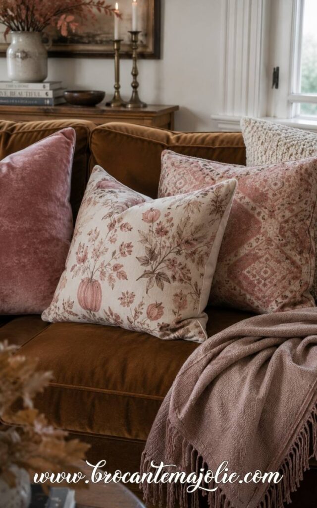 pink fall living room couch