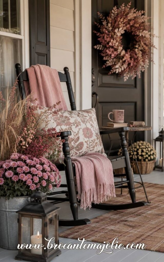 pink fall porch decor with rocking chair