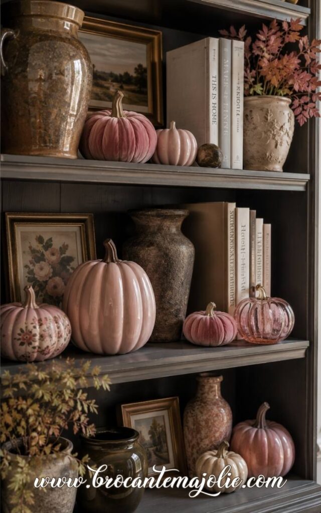 pink pumpkin decor in bookshelf