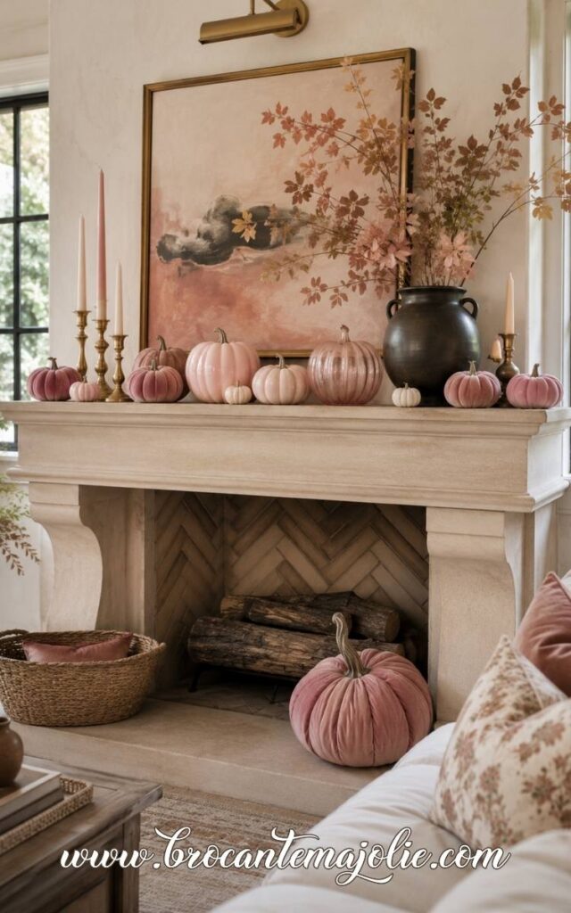 pink pumpkin decor mantle