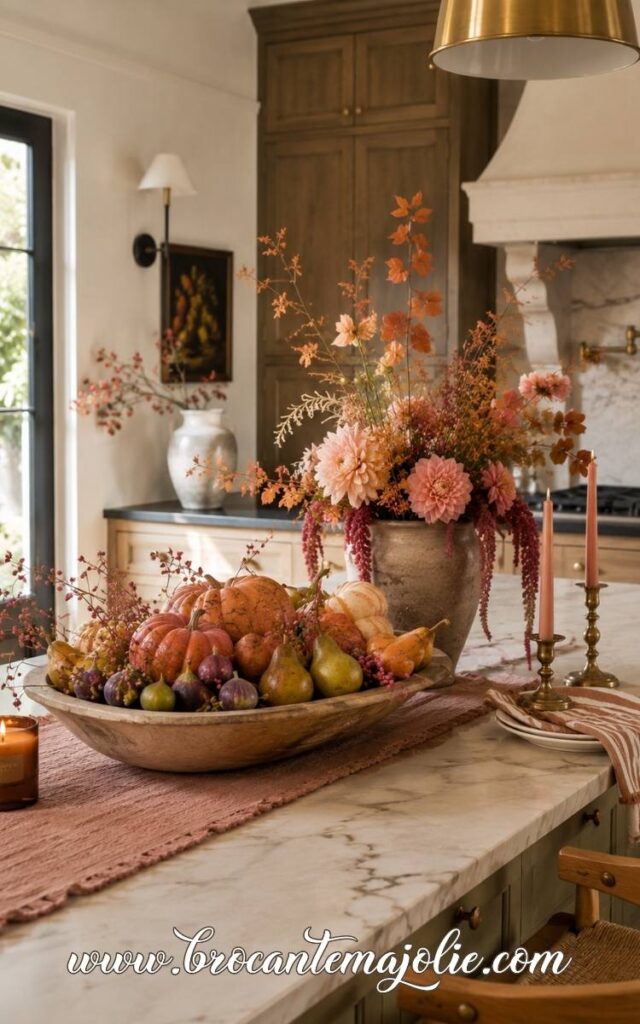 pink and orange fall kitchen island decor