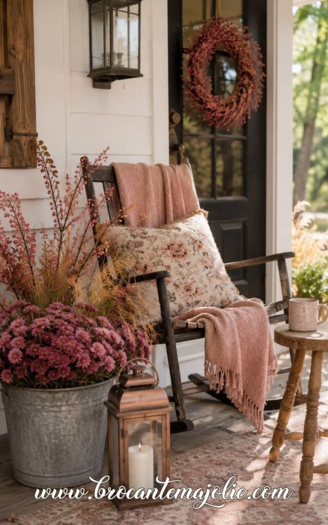 pink and white fall porch
