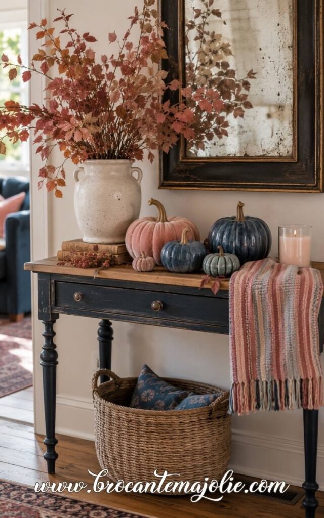 pink and blue fall console table