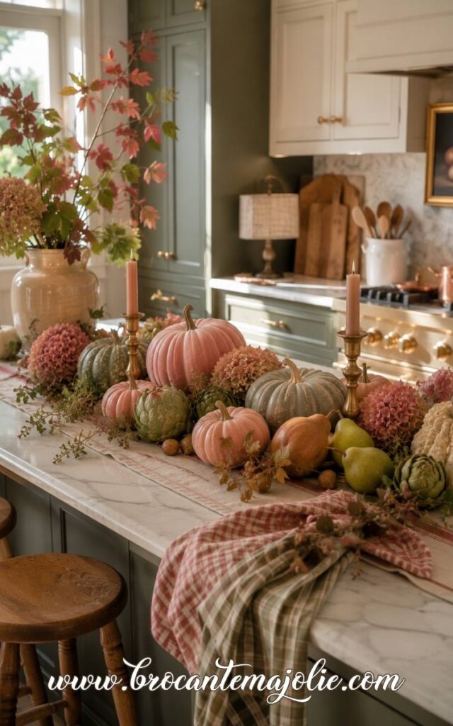 pink and green fall kitchen island decor