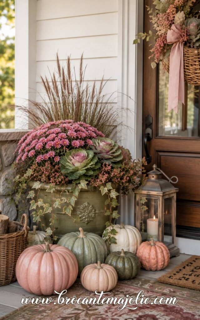 pink and green fall porch