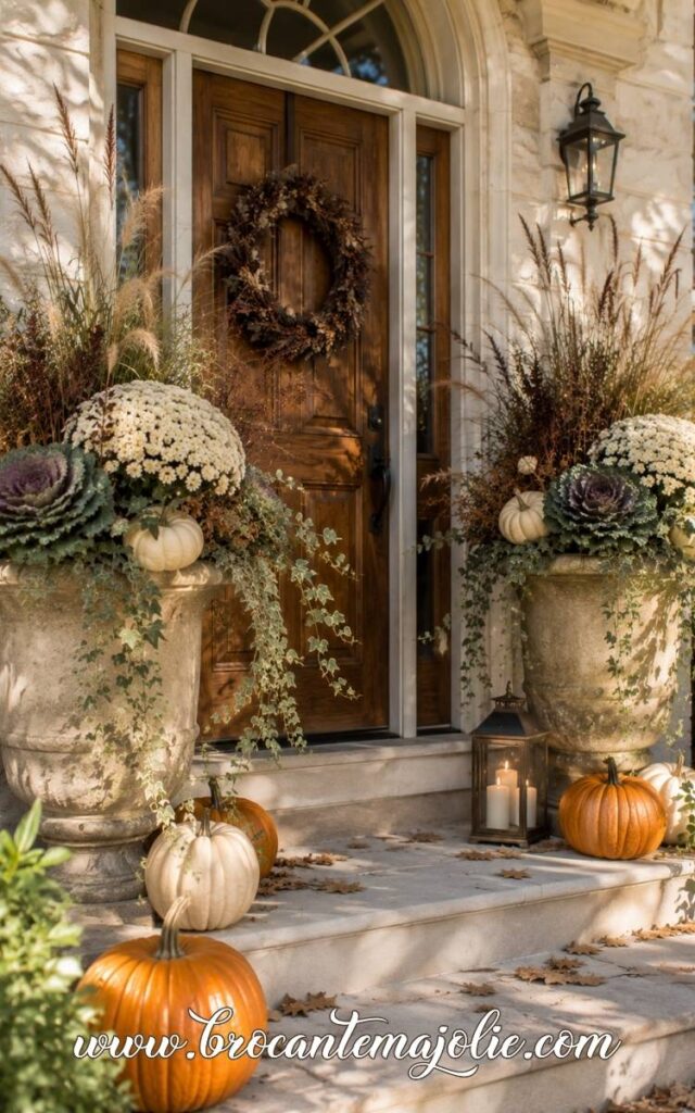 fall outdoor front door decor with planters