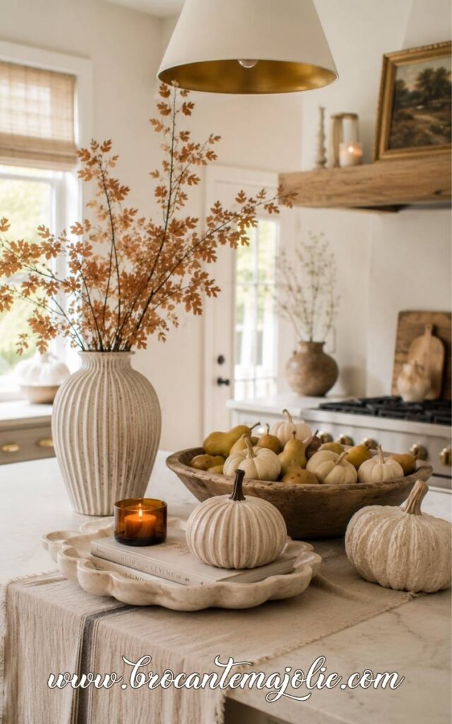 neutral fall decor kitchen island