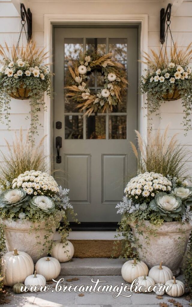 fall neutral front door decor with planters