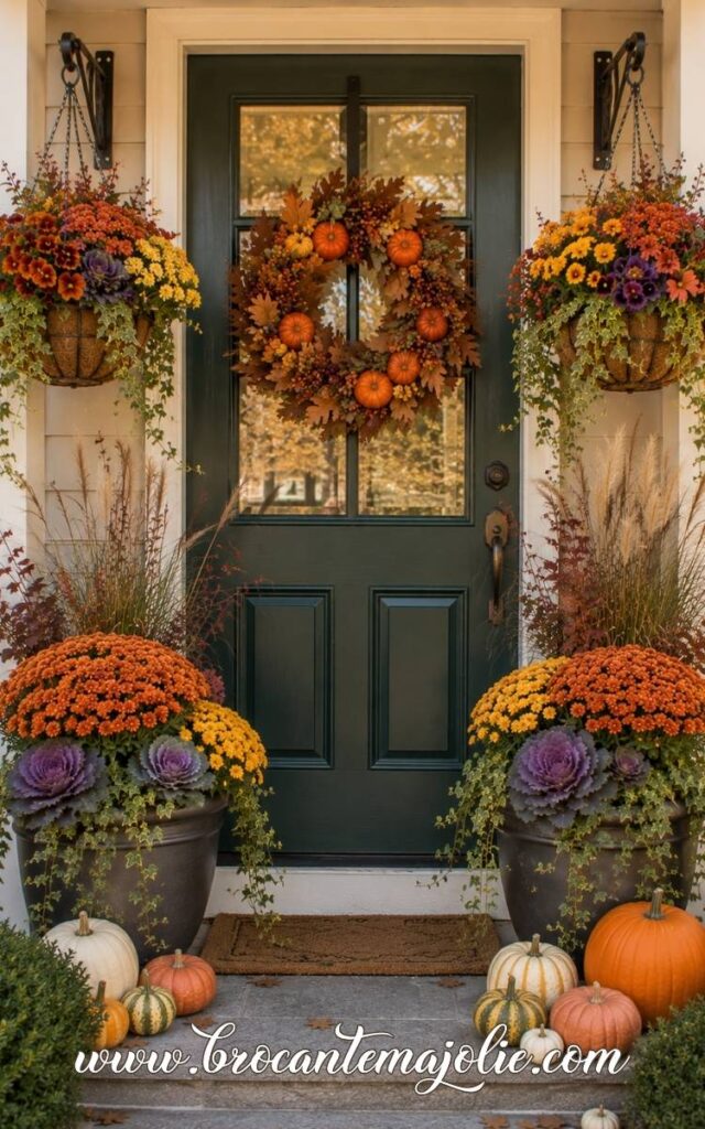 fall front door decor with planters and wreath