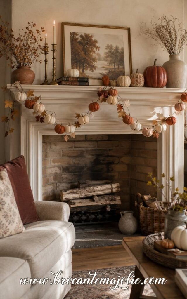 pumpkin decor mantle