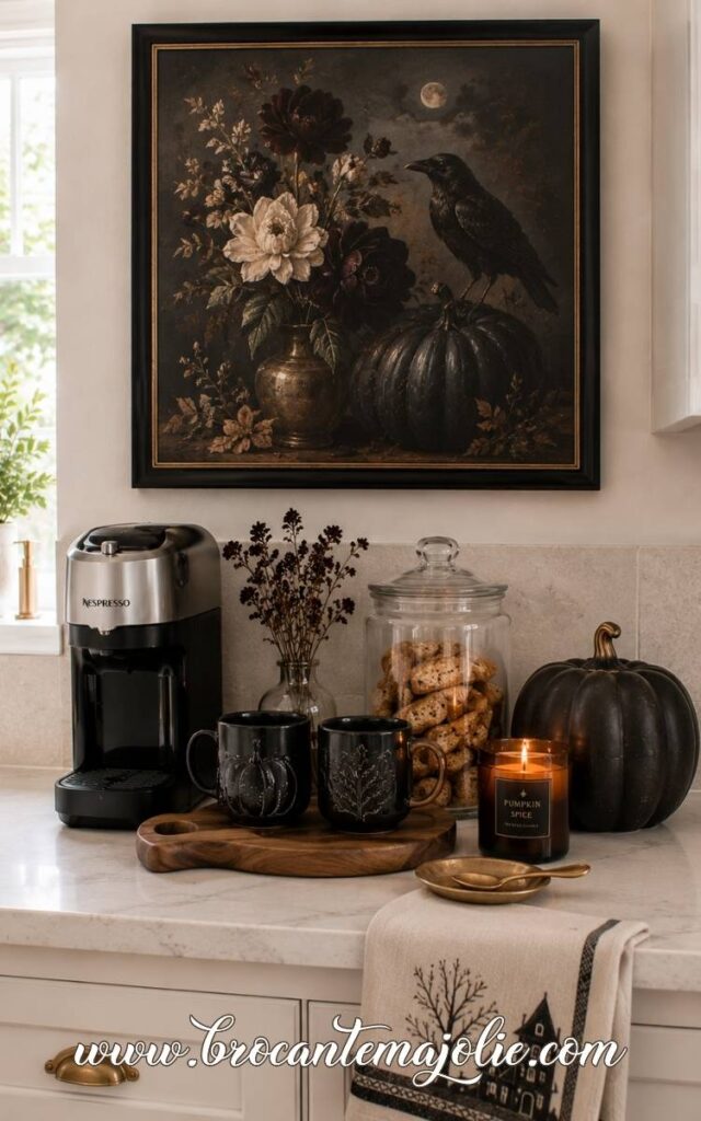 halloween coffee bar with wall art