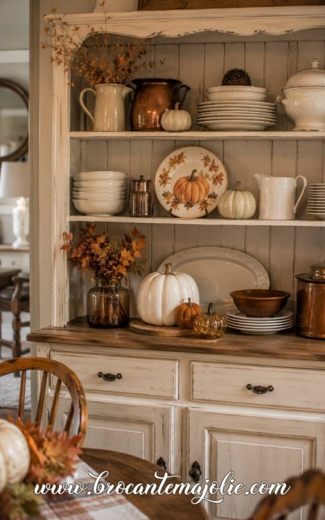 small pumpkin decor on hutch
